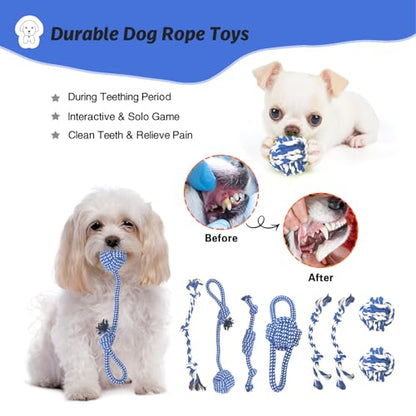 MRSOHRET Upgraded 21Pcs Puppy Chew Toys - Blue Puppy Chew Toys Bundle for Teething, Puppies Teething Toys with Durable Rope Rubber Ball, Pet Interactive Toys for Small Medium Dogs with Basket