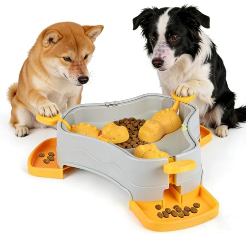 Dog Cat Treat Dispenser Slow Feeder Toy, 3-in-1 Interactive Dog Puzzle Press Toys, Dog Enrichment Toy No-Slip Interactive Brain Training Toys for Smart Dog Cats (Grey/Yellow) - color: Grey/Yellow