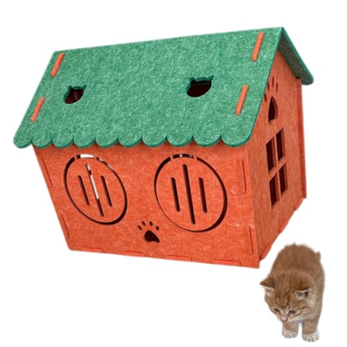 Cat Bed for Indoor Cats, 4-Season Felt Cat Cave Bed, Dual Entrances, Large Foldable Cat House, Summer Cool Indoor Cats House, Cats Nest for Maternity (Orange, 19.3×14.2×15.8in) - color: Orange