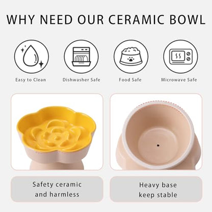 Tilted Cat Bowl, Flower-Shaped Ceramic Slow Feeder Cat Bowl, Raised Pet Bowl for Whisker Relief, Prevents Vomiting & Bloating, Non-Slip Base, Easy to Clean for Dry/Wet Food (Pink & Blue) - color: Pink & Blue