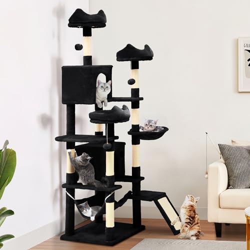 YITAHOME Tall Cat Tree for Indoor Cats, 75 inch Multi-Level Cat Tower with Cat Condos, Top Perches, Sisal Ramp Scratching Posts, Cozy Basket, Hammocks, Large Cat Pet Activity Structure, Black - color: Black, size: 75 inches