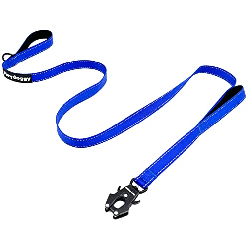 Strong Heavy Duty Dog Leash - 5ft Reflective Nylon Training Leash with Soft Padded Double Handle & Auto Lock Frog Clip - Safety Traffic Control for Large Medium Small Dogs No Pull Walk Dark Blue,5ft - color: Dark Blue, size: 5FT x 1" x 2.8MM