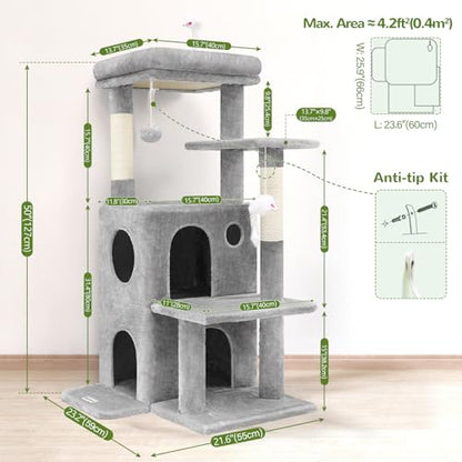 Globlazer Cat Tree Tower for Indoor Cats, 50-inch Adult Cat Tree House for Large Adult Cats with Steps, Scratching Post, 2 Cat Caves, Dangling Toys, FC50, Light Grey - color: Light Grey