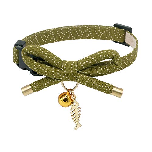 Cute Bowtie Cat Collar with Bell. Japanese Stylish Bowknot & Fish Charm. Safety Breakaway, Soft, Lightweight, for Girl Boy Male Female Cats Kitten,Green - color: Tea Green, size: Medium (8-12 inches)