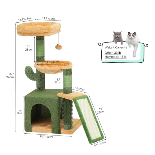 YITAHOME 37in Tall Cactus Cat Tree Tower: Cute Kitten Climbing Tower with Self-Grooming Brush, for Indoor Cats with Kitty Condo Plush Platform Hammock Sisal Scratching Posts Dangling Ball - style: Cactus-37in