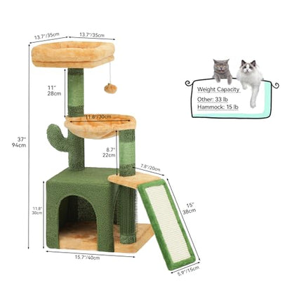 YITAHOME 37in Tall Cactus Cat Tree Tower: Cute Kitten Climbing Tower with Self-Grooming Brush, for Indoor Cats with Kitty Condo Plush Platform Hammock Sisal Scratching Posts Dangling Ball - style: Cactus-37in