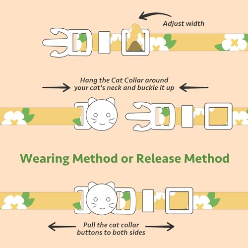 2 Pack Cotton Breakaway Cat Collar Green and Yellow Flowers Pendant Cute Kitten Cat Collar with Bell - color: Green&Yellow