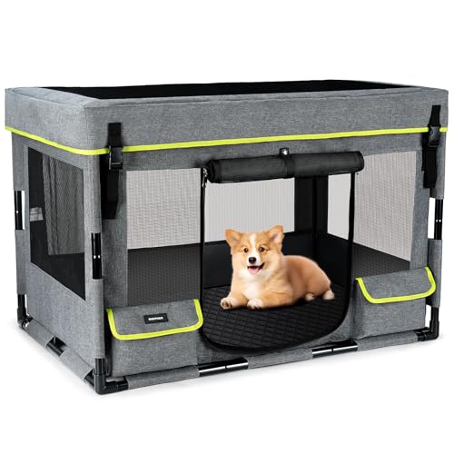 Durable Dog Playpen with Iron Frame, Heavy-Duty Pet Tent with Waterproof Base & Mesh Sides for Indoor Outdoor Use, Grey - color: Grey