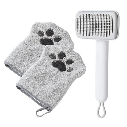 Muddi Mitt Microfiber Reusable Pet Wipes Grooming Towel Glove | Machine-Washable, Soft, Double-Sided Bath Mitt Replaces Wipes | with Self Cleaning Deshedding Grooming Brush | Dogs & Cats (Kit) - style: 2 Mitt + 1 Brush Kit