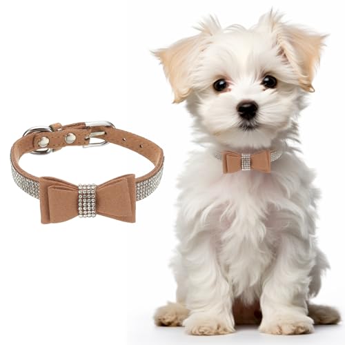 Cute Dog Collar with Bling Rhinestone, Bling Dog Collar Adjustable Leather Diamond Sparkling Jewel Accessories 15", (Brown), Intended for Teacup/Cat/Small Medium Large Pet - color: Brown, size: 15 Inch