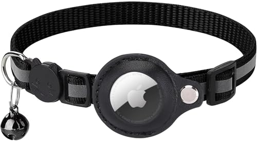 Cat Collar Breakaway, Reflective Kitten Collar with Air Tag Holder and Bell for Girl Boy Cats (Black)
