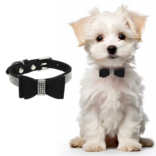Cute Dog Collar with Bling Rhinestone, Bling Dog Collar Adjustable Leather Diamond Sparkling Jewel Accessories 12", (Black), Intended for Teacup/Cat/Small Medium Large Pet - color: Black, size: 12 Inch
