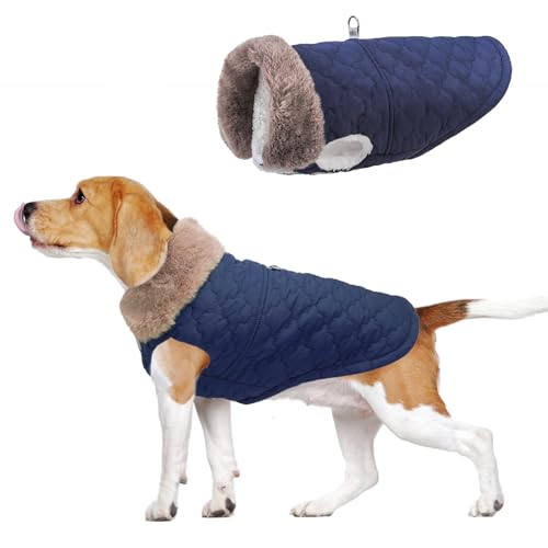 BEAUTYZOO Winter Dog Coat with Harness Built in, Warm Dog Puffer Jacket Vest Padded Fleece Cold Weather Coats Windproof Waterproof Snow Jackets Clothes for Small Medium Puppy, Blue L - color: Navy Blue, size: L (Back: 17",Chest: 26")