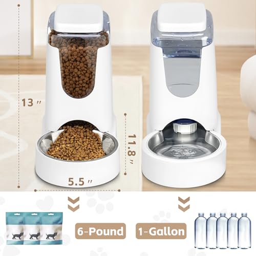 Automatic Cat Feeder and Water Dispenser with Stainless Steel Bowl Dog Gravity Food Feeder and Waterer for Small Medium Pets Puppy Kitten 1 Gallon x 2 - color: White（3.8L*2）