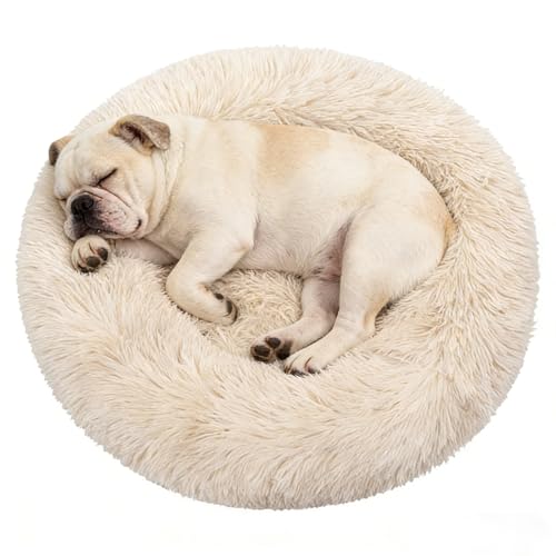 Calming Donut Dog Bed Medium Size Dog - Washable Removable Cover Non-Slip Bottom, Round Pet Bed Cat Bed Warming Fluffy Plush Faux Fur Anti-Anxiety, Fits up to 45 lbs (Beige, 30") - color: Beige, size: 30"L x 30"W x 8"Th