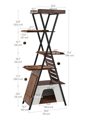 FourFurPets 72.4" Modern Cat Tower for Indoor Cats - Multi-Level Condo With Caves, Tall Tree With Scratching Board, Wooden Tower With Large Perch, Removable Pads, Rustic Brown - color: Rustic Brown