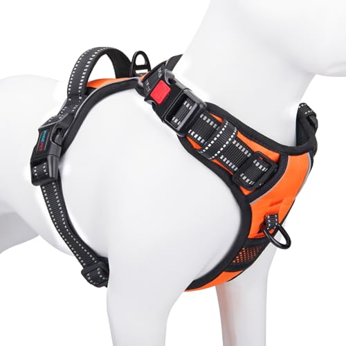 PHOEPET No Pull Dog Harness Medium Reflective Front Clip Vest with Handle,Adjustable 2 Metal Rings 3 Buckles,[Easy to Put on & Take Off](M, Orange) - color: Orange, size: Medium