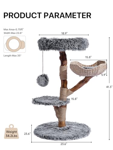 Sopapets Solid Wood Cat Tree for Large Cat, 41.3" Modern Cat Tower with Heavy Duty Real Branch & Hand-Woven Basket, Sisal Scratching Posts & Cozy Bed, Luxury Furniture for Indoor & Maine Coon, Gray - color: Gray