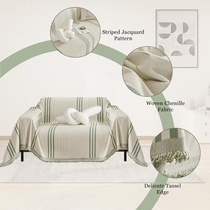 Chenille Armchair Cover Jacquard Sofa Covers Washable Furniture Protector Recliner Couch Cover 1 Cushion Reversible Chair Cover Beige Green Striped Couch Cover Blanket 71"x 71" - color: A0# Beige/Green - Striped, size: Medium 71" x 71"