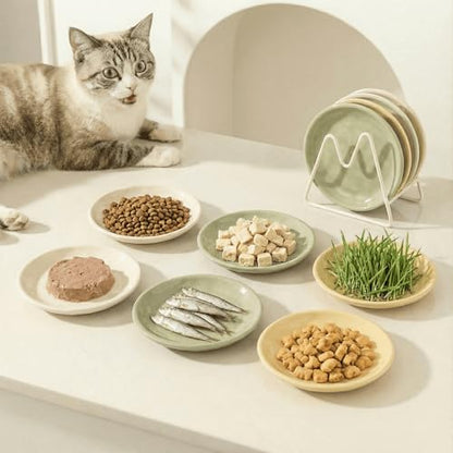 Shallow Cat Bowls 6 Pack – Whisker Friendly Ceramic Cat Dishes for Wet & Dry Food, Dishwasher Safe - color: Green