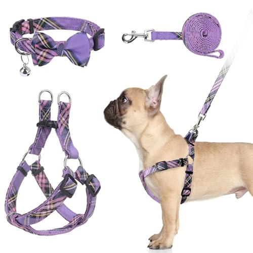 BINGPET Dog Harness Collar Leash Set,Adjustable No Pull Escape Proof Small Dog Harness,Classic Plaid Puppy Harness and Leash Set for Small Medium Large Dogs Training Easy Walk Running(Purple,M) - color: Purple Plaid, size: M(Chest Girth:17.3''-23.38'')