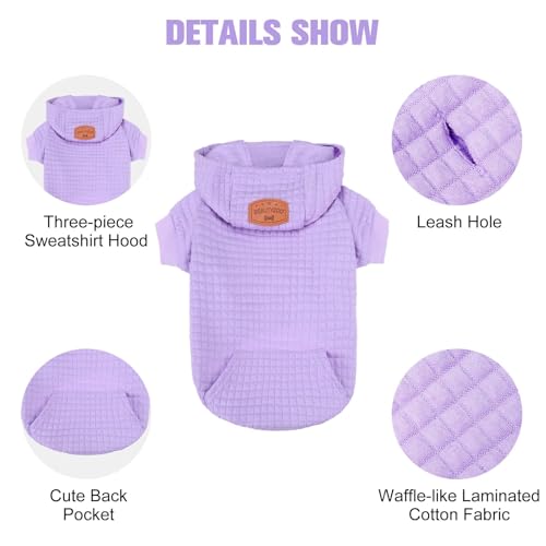 BEAUTYZOO Small Dog Hoodie Sweater with Pockets, Dog Clothes for Small Medium Dogs Boy Girl, Waffle-Like Laminated Cotton Pet Coats with Hat and Leash Hole, Purple S - color: Purple, size: S (Back: 12",Chest: 16", Neck: 10")