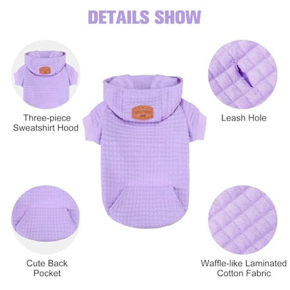 BEAUTYZOO Small Dog Hoodie Sweater with Pockets, Dog Clothes for Small Medium Dogs Boy Girl, Waffle-Like Laminated Cotton Pet Coats with Hat and Leash Hole, Purple S - color: Purple, size: S (Back: 12",Chest: 16", Neck: 10")
