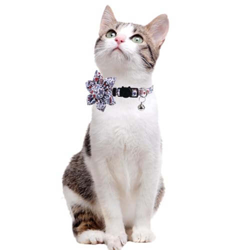 American Flag Cat Collar with Bell Sunflower Star Adjustable 4th of July Breakaway Cat Kitten Collars for Independence Day - color: 4th of July-2-sunflower