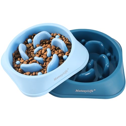 MateeyLife Slow Feeder Dog Bowls 2PCS, Anti-Choking Puzzle Dog Food Bowls, Anti-Slip Interactive Feeding Slow Down Eating, Bloat Stop Maze Dishes for Medium Breeds - color: A-LightBlue&DarkBlue, size: Medium