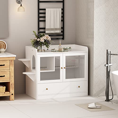 Extra Large Cat Litter Box Enclosure Furniture Hidden, Cat Condo Cabinet Pet House with Stairs for 2, Nightstand Side Table with a Drawer for Living Room, White - color: White