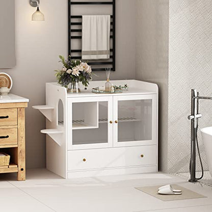 Extra Large Cat Litter Box Enclosure Furniture Hidden, Cat Condo Cabinet Pet House with Stairs for 2, Nightstand Side Table with a Drawer for Living Room, White - color: White