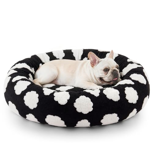 JOEJOY Donut Calming Small Dog Bed, Round Cat Beds for Indoor Cats with Removable Washable Cover, 23In Orthopedic Cute Puppy Kitten Pet Bed with Jacquard Shaggy Plush & Non Skid Bottom, Black - color: Black, size: S (23x23x8)