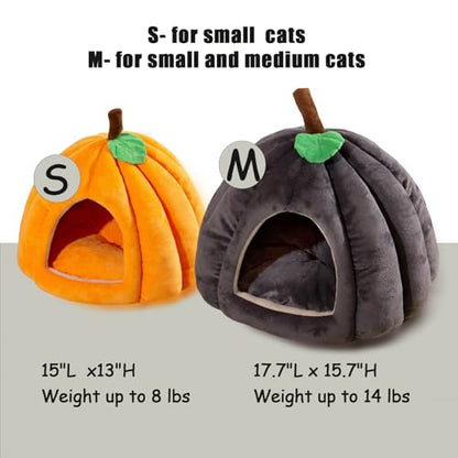 Cat Bed for Indoor Cats - Adorable Cozy Pumpkin Cat Cave with Removable Cushion, Super Soft Pet House Tent for Kittens & Small Pets, Warm & Washable Non-Slip Design(M 17.7 inch Grey) - style: Pumpkin-Grey