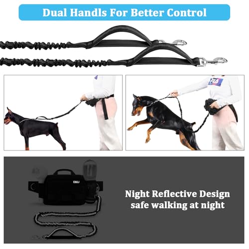 Hands Free Dog Leash with Zipper Pouch, Waist Belt for Large Medium Dogs for Running, Walking, Jogging and Hiking, Dual Padded Handles and Durable Bungee - Black (1 Dog Black) - color: 1 Dog Black
