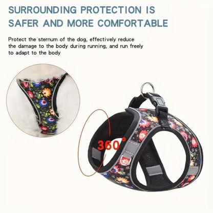 Step in Dog Harness No Pull Flower Adjustable Soft Mesh Padded Reflective Pet Vest Harness and Leash Set for Small Medium Dogs - color: Black, size: M(neck:12"-13.5",chest:16"-18")