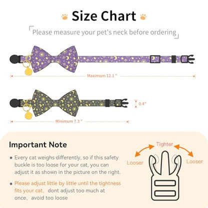 2 Pack Cotton Cat Collar with Bow Tie and Bell for Girl Boy Cats,Cute Pink Flamingo and Blue Whale Pattern Spring Summer Breakaway Cat Collar for Male Female Cats (Moon) - color: Moon
