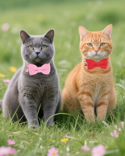 Cat Collar Breakaway with Bells, Soft Cotton Pink Cat Bowtie Collar for Girl Cats, Small Cats Collar with Bow for Spring Summer, 2 Pack Cute Kitten Collars with Removable Bowtie 8-12Inch - color: Red + Pink