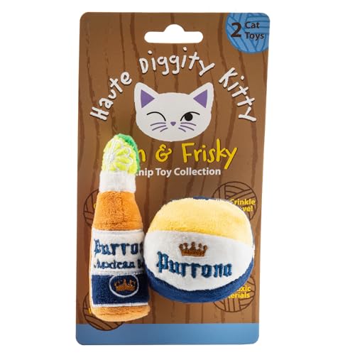 Haute Diggity Kitty Purrrona Beer Bottle & Ball Set, Plush Cat Toys Catnip Filled with Interactive Crackle Sound, Safe & Durable Toys for Cat & Kitten, 2 Pcs - style: Purrona Bottle + Ball