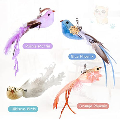 Cat Toys Wand, Interactive Cat Toy with Super Suction Cup Sticky Detachable 12 PCS Feather Replacements 2 Wands Cat Spring Feather Toys for Indoor Cats Kitten Toys (4 Birds Replacements) - color: 4 Birds Replacements