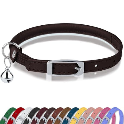 OOPSDOGGY Rolled Leather Cat Collar with Bell, Reflective Kitten Collars with Buckle Include Safety Elastic Strap - Adjustable Small Pet Collars for Boy Girl Cats (Dark Brown) - color: Dark Brown