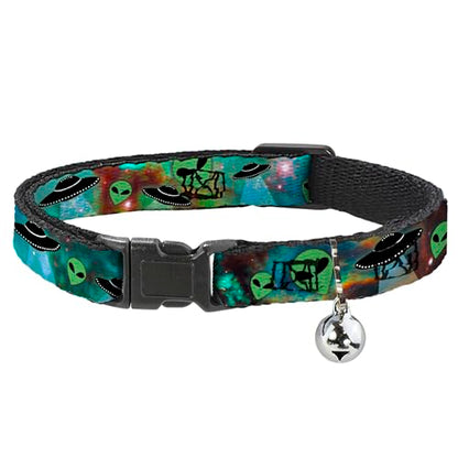 Buckle-Down Aliens UFOs Galaxy, Breakaway Cat Collar with Bell, Plastic Clip, Easy Adjustable, 8.5 to 12"-0.5" Wide