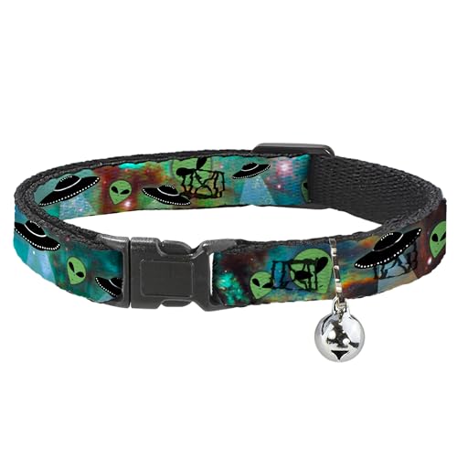 Buckle-Down Aliens UFOs Galaxy, Breakaway Cat Collar with Bell, Plastic Clip, Easy Adjustable, 8.5 to 12"-0.5" Wide