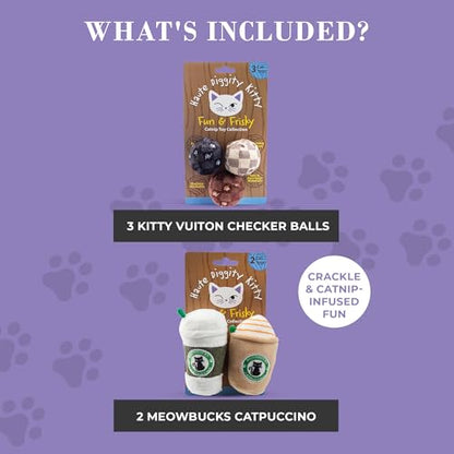 Haute Diggity Kitty Vuiton Checker Balls + Meowbucks Catpuccino Set, Plush Cat Toys Catnip Filled with Interactive Crackle Sound, Safe & Durable Toys for Cat & Kitten, 5 Pcs - style: Kitty Vuiton Checker Balls + Meowbucks Catpuccino