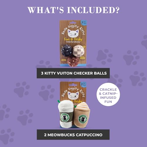 Haute Diggity Kitty Vuiton Checker Balls + Meowbucks Catpuccino Set, Plush Cat Toys Catnip Filled with Interactive Crackle Sound, Safe & Durable Toys for Cat & Kitten, 5 Pcs - style: Kitty Vuiton Checker Balls + Meowbucks Catpuccino