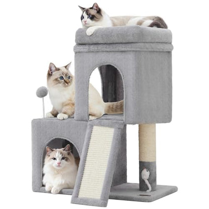 Woochpet 24inch Tall Cat Tree with 2 Cat Condo and Mouse Toy Cozy Small Cat Tower with Scratching Post and Board for Kitties and Small Cats.（Light Grey） (22 * 13 * 28) - size: 22*13*28