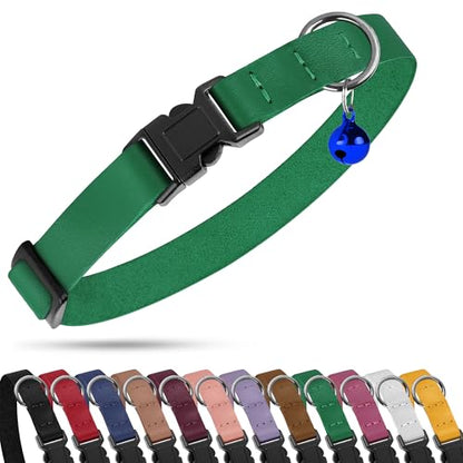 Breakaway Cat Collar with Bell - Leather Adjustable Kitten Collars with Safety Quick Release Buckle - Soft Small Pet Collars for Girl & Boy Cats (Green) - color: Green