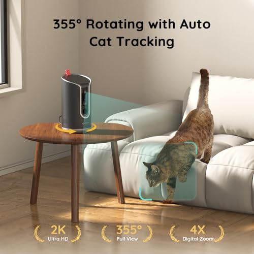 TKENPRO Pet Camera Treat Dispenser [1-Year Trial: Cloud + AI Features Included], 2K Dog & Cat Cam, Remote Treat Tossing, 360° Auto Tracking, 5G/2.4G WiFi Compatible, 2-Way Talk, Motion Alerts Indoor - color: Blackish gray