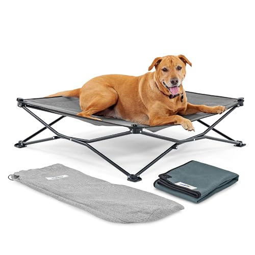 Coolaroo On-The-Go Elevated Dog Bed Kit – Portable & Cooling Travel Cot with HeatShield Fabric for Large Dogs, Lightweight & Compact, Includes Matching Carry Bag & Pacific Blue Bonus Cover, Large - color: Pacific Crest Blue, style: Large