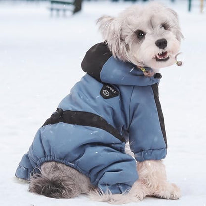 Warm Dog Coat with Hood,Waterproof Windproof Winter Full Body Dog Jacket Snowsuit,Adjustable Cold Weather Pet Clothes (Blue, M) - color: Blue, size: M