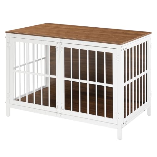 HOOBRO Heavy Duty Dog Crate Furniture, 39.4" Wooden Indoor Kennel with 3 Doors, Chew Resistant Metal Cage for Medium and Large Breeds, Dog Crate Side Table, White and Walnut WH101GW03 - color: White and Walnut, size: 39.4"l X 22.8"w X 27.8"h